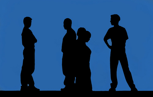 silhouette of group of people on blue background